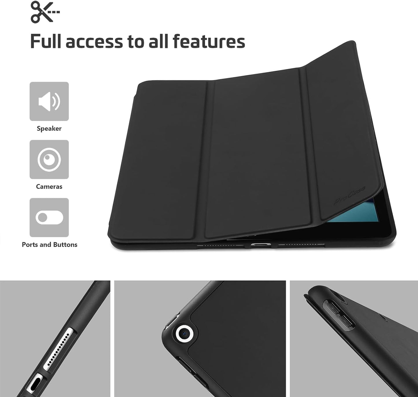 Smart Protective Case for iPad 10.2 (9th Gen 2021 / 8th Gen 2020 / 7th Gen 2019) with Pencil Holder, Soft TPU Back Cover, and Slim Stand - Black