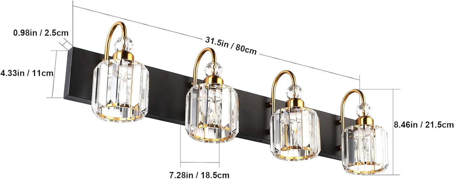 Modern LED Vanity Light Fixture with 4 Lights in Matte Black and Crystal Accents for Bathroom