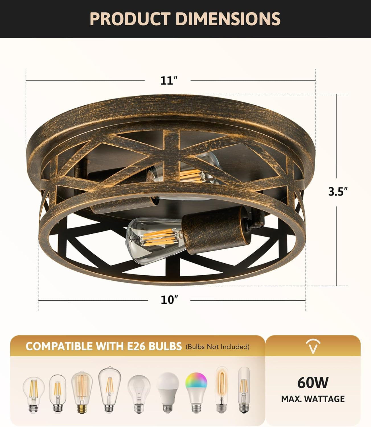 Flush Mount Ceiling Lights, 2-Light Hallway Lighting Fixtures, 11-Inch Farmhouse Metal Cage Design for Entryway and Kitchen, Adjustable Lamp Holders, ETL Certified, Set of 2, Oil-Rubbed Bronze Finish