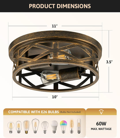 Flush Mount Ceiling Lights, 2-Light Hallway Lighting Fixtures, 11-Inch Farmhouse Metal Cage Design for Entryway and Kitchen, Adjustable Lamp Holders, ETL Certified, Set of 2, Oil-Rubbed Bronze Finish