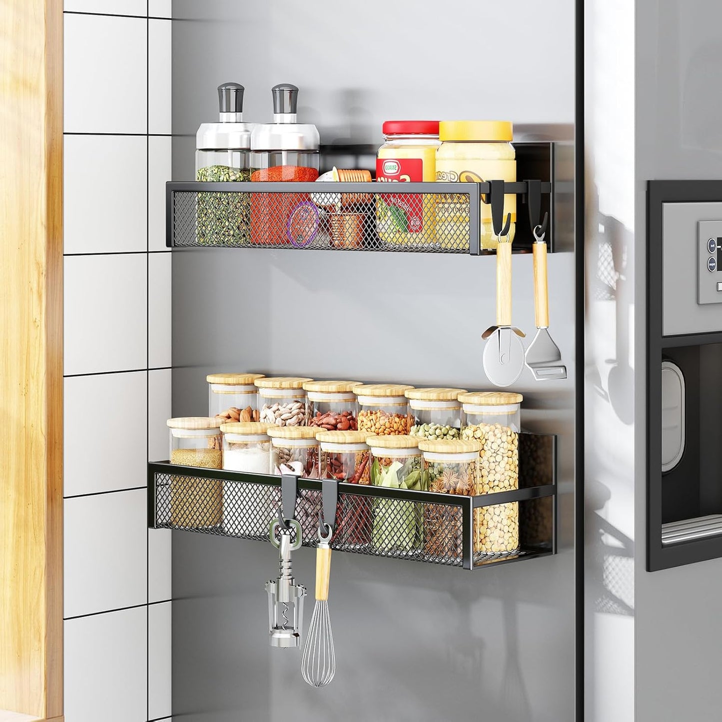 Magnetic Spice Rack Set for Refrigerator - 2-Pack Shelf Organizer with Adjustable Hooks for Kitchen Storage and Organization