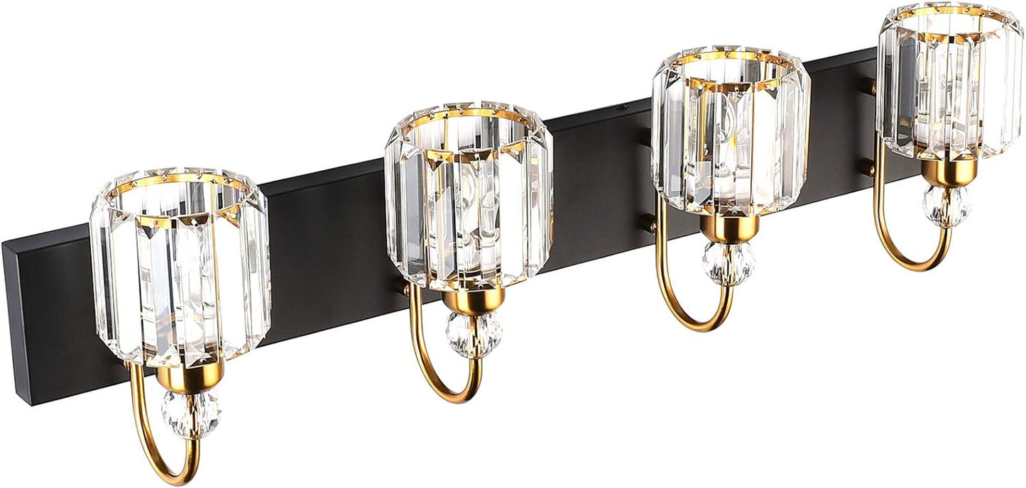 Modern LED Vanity Light Fixture with 4 Lights in Matte Black and Crystal Accents for Bathroom
