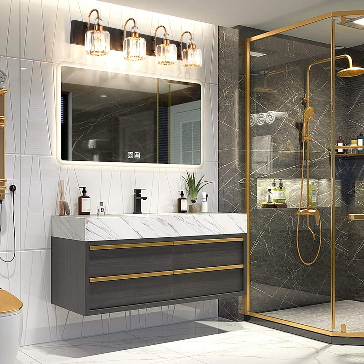 Modern LED Vanity Light Fixture with 4 Lights in Matte Black and Crystal Accents for Bathroom