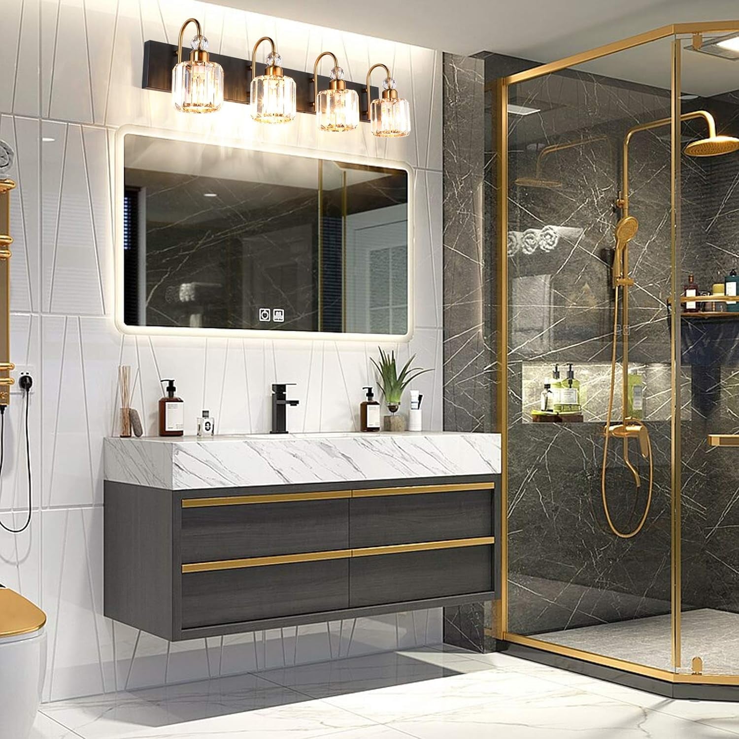 Modern LED Vanity Light Fixture with 4 Lights in Matte Black and Crystal Accents for Bathroom
