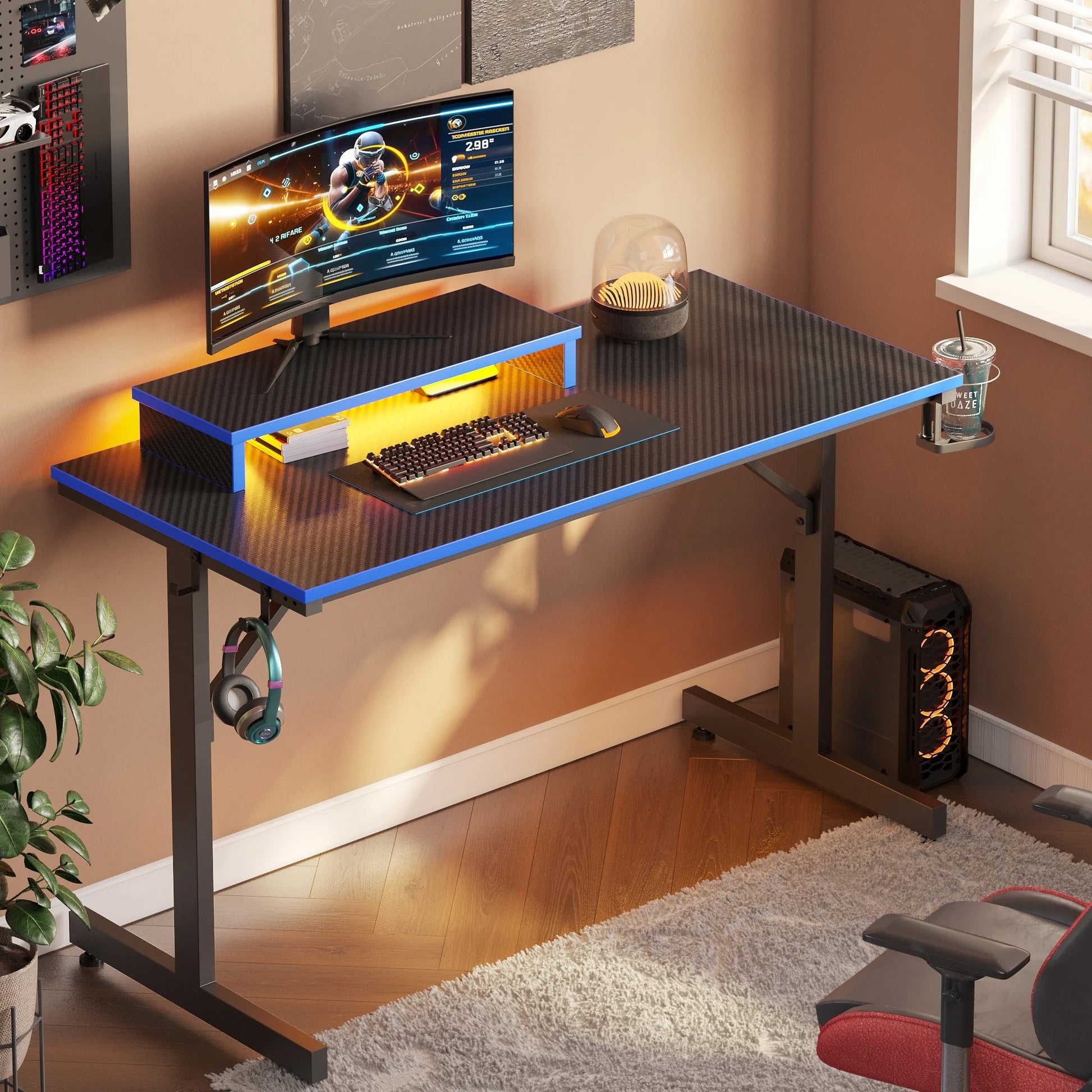 42-Inch Gaming Desk with LED Lights, Monitor Stand, Hook, and Cup Holder in Blue
