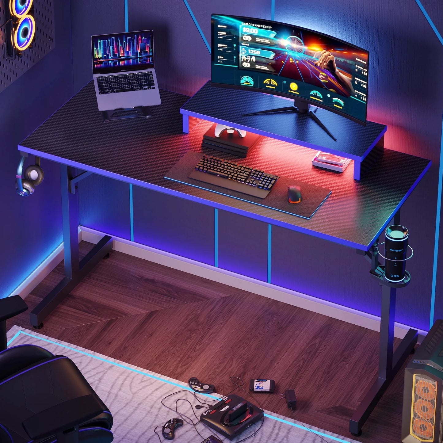 42-Inch Gaming Desk with LED Lights, Monitor Stand, Hook, and Cup Holder in Blue
