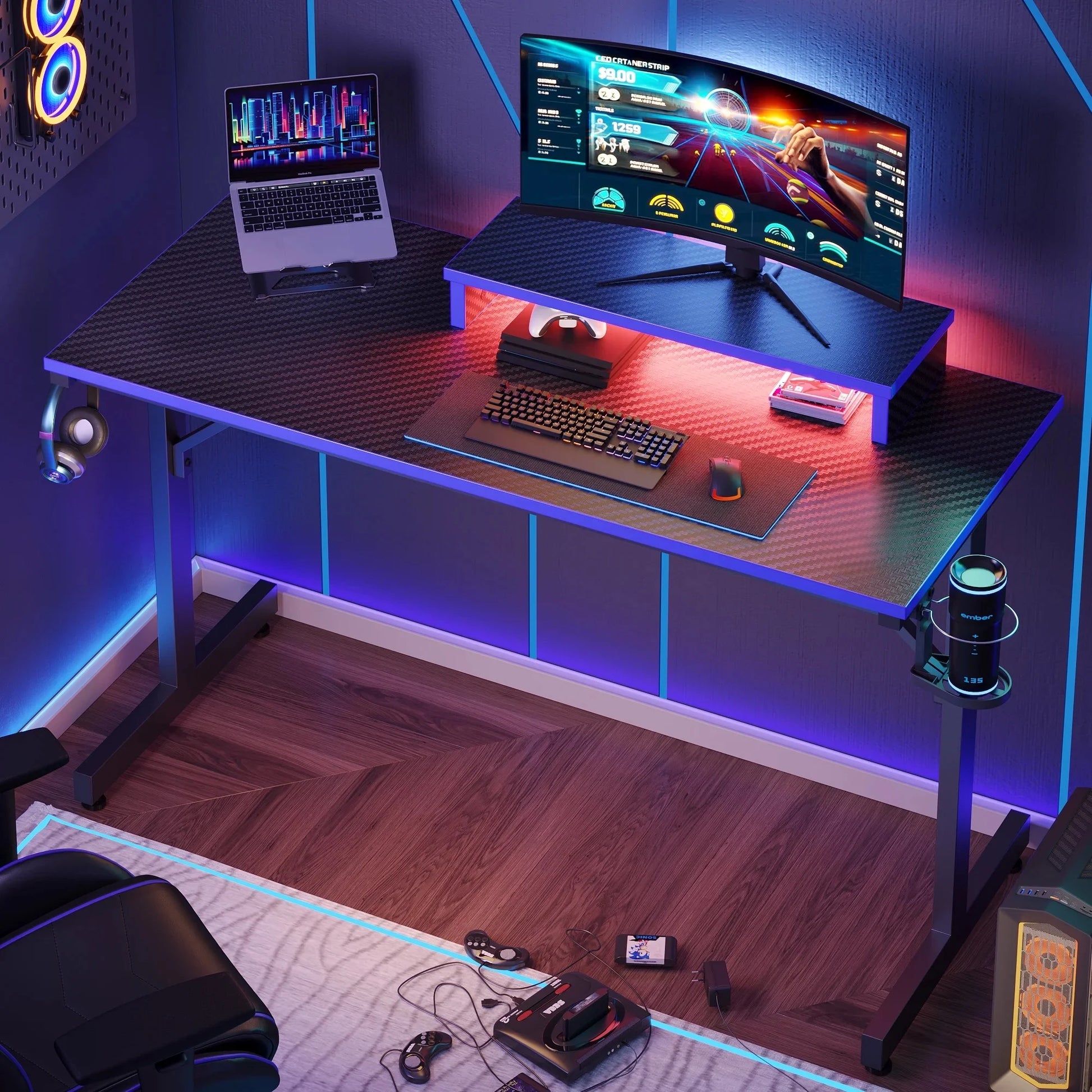 42-Inch Gaming Desk with LED Lights, Monitor Stand, Hook, and Cup Holder in Blue