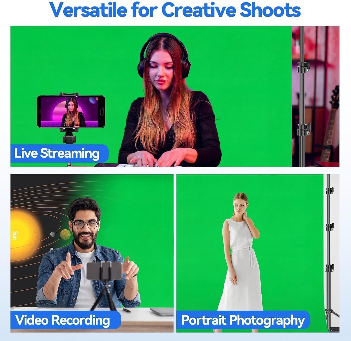 8.5 x 10 ft Green Screen Backdrop Kit with Tripod Stand and 10 x 12 ft 100% Cotton Muslin Chromakey Background for Photography, Video Production, and Live Streaming