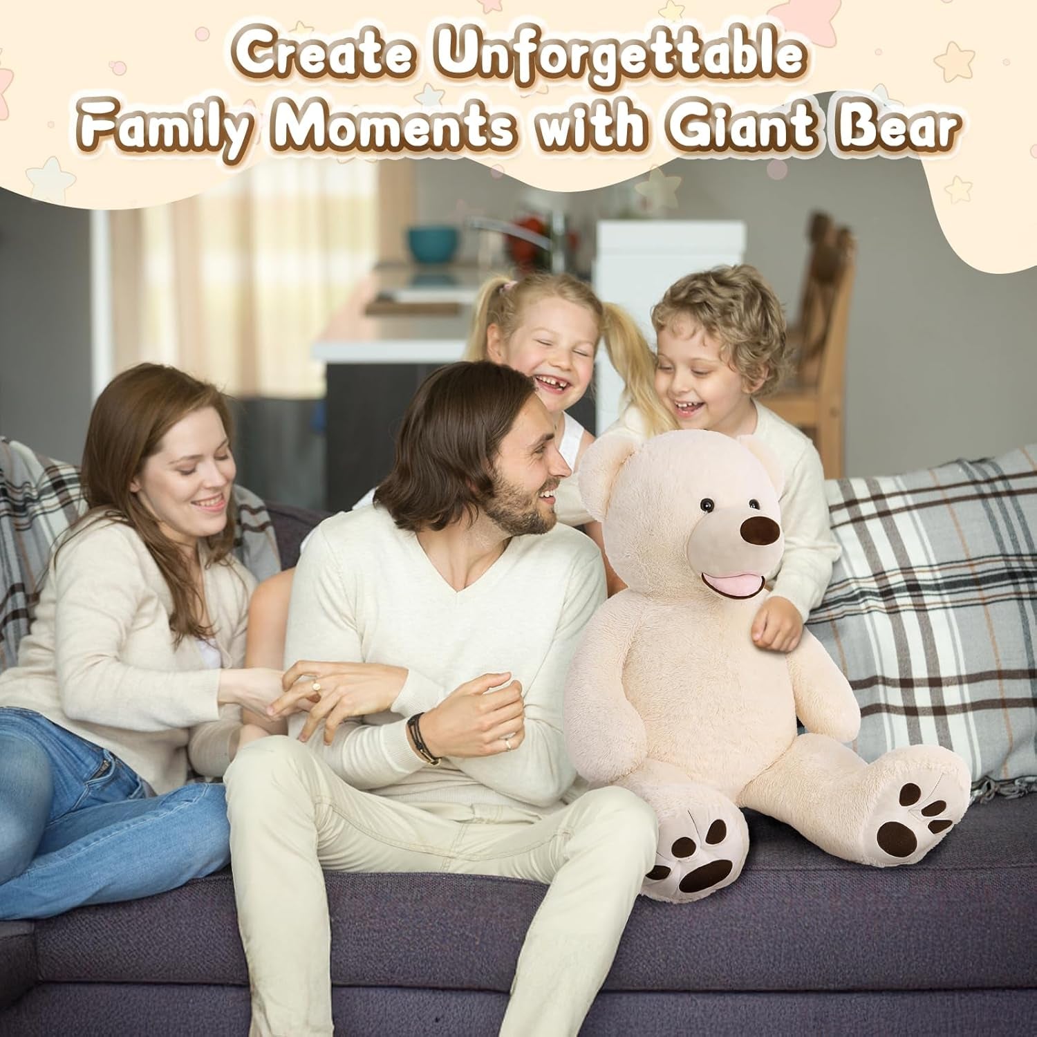 Extra Large Beige Teddy Bear - 39-Inch Plush Stuffed Animal with Oversized Footprints, Perfect Gift for Children
