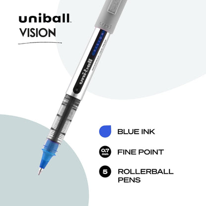 Uniball Vision Fine Point Rollerball Pens, 0.7mm, Blue, Set of 5