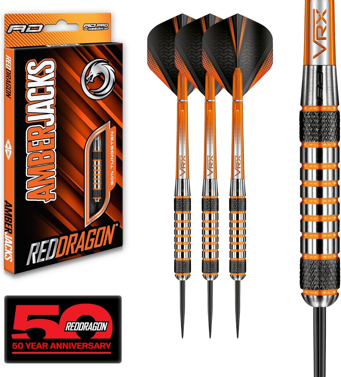 Amberjack Professional 90% Tungsten Darts Set with Flights and Stems – Available in 22G to 30G Options
