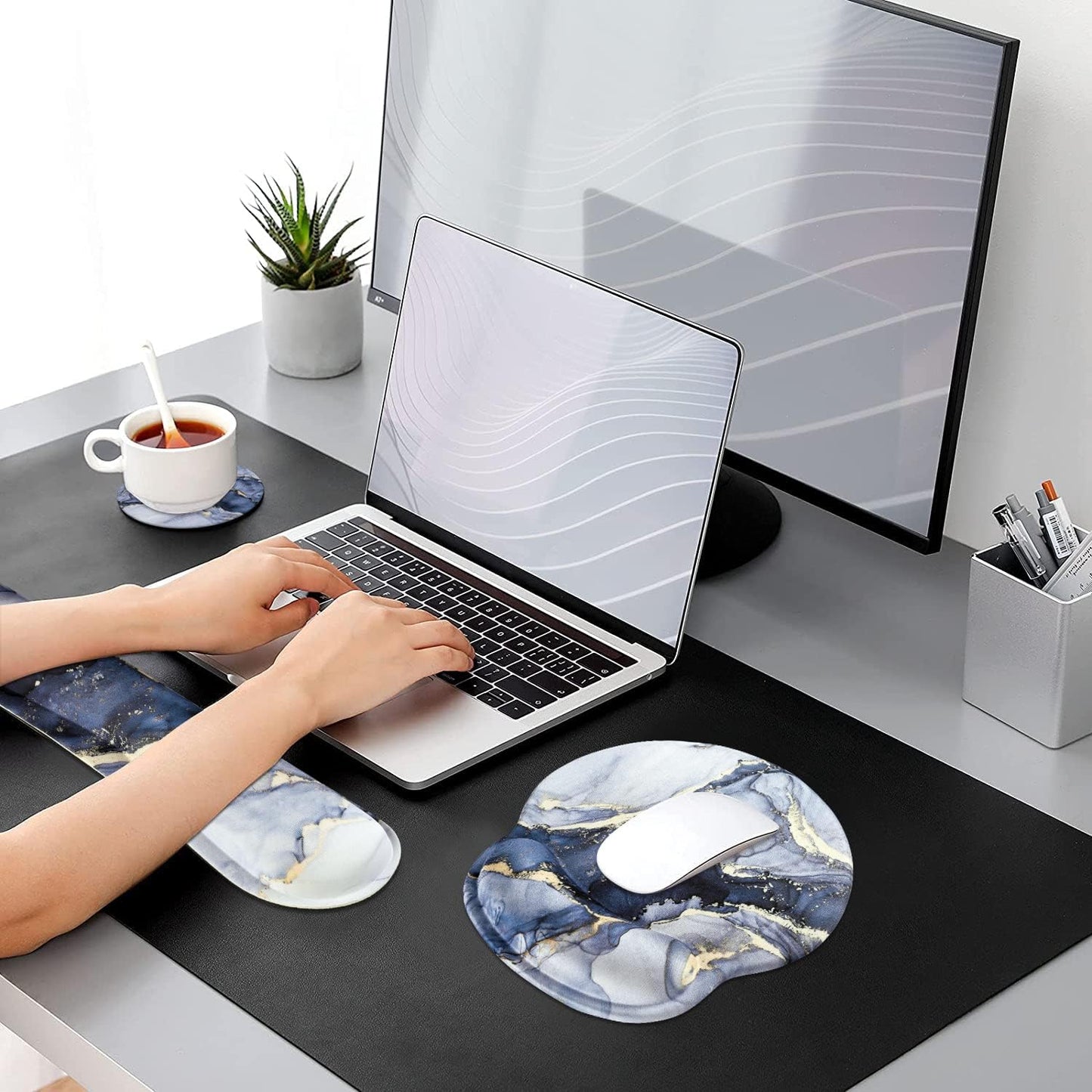 Ergonomic Dark Blue Marble Mouse Pad and Keyboard Wrist Rest Set with Non-Slip Base and Coasters for Enhanced Comfort and Pain Relief in Home and Office