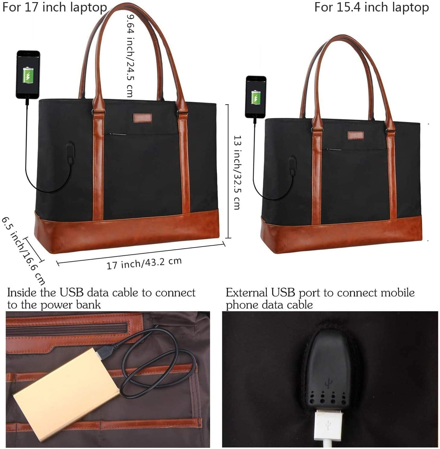 Women's Laptop Tote Bag - USB-Compatible, Large Work Purse for 17.3" Laptops, Lightweight Waterproof Shoulder/Messenger Bag (Black)