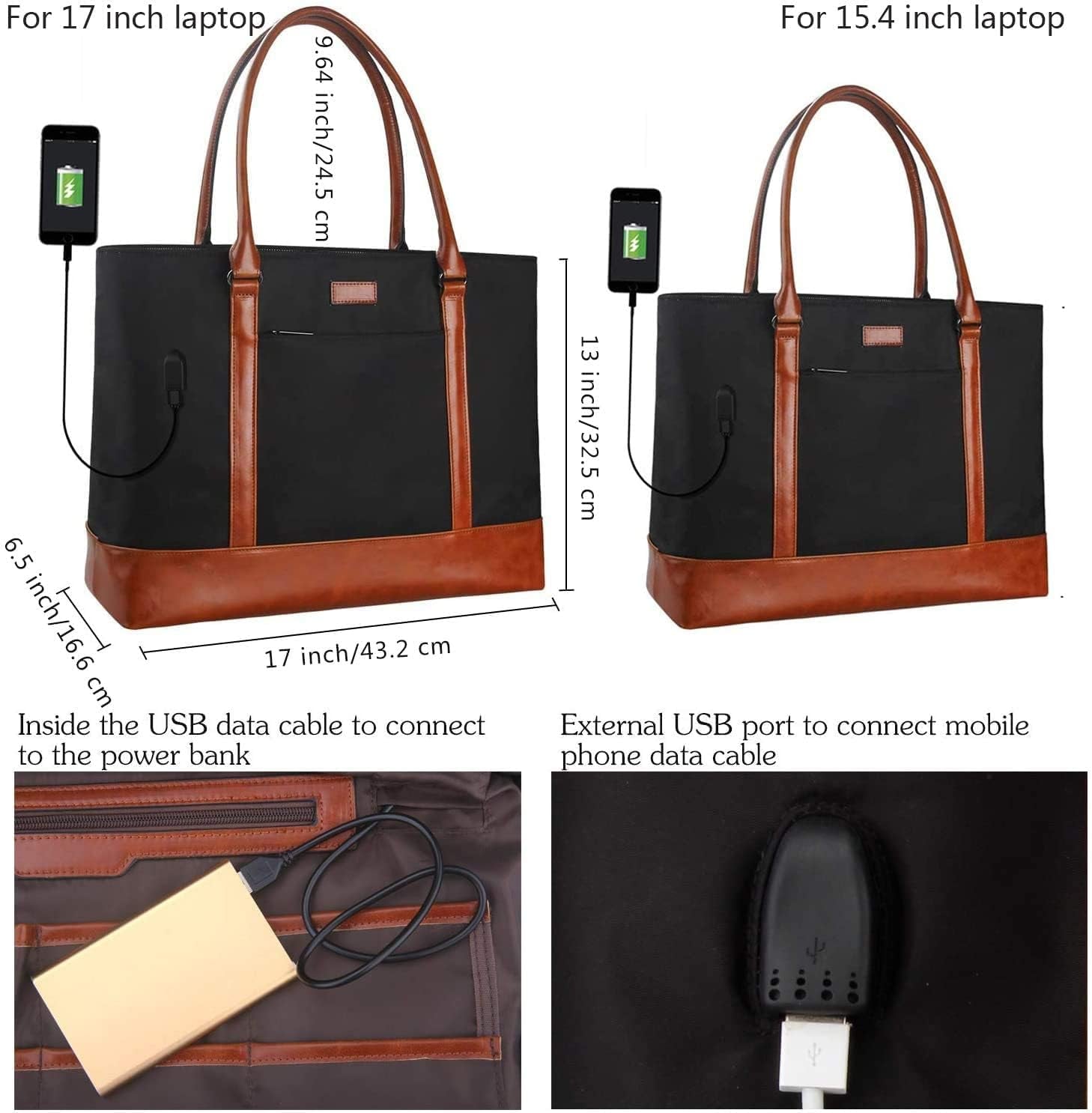Women's Laptop Tote Bag - USB-Compatible, Large Work Purse for 17.3" Laptops, Lightweight Waterproof Shoulder/Messenger Bag (Black)