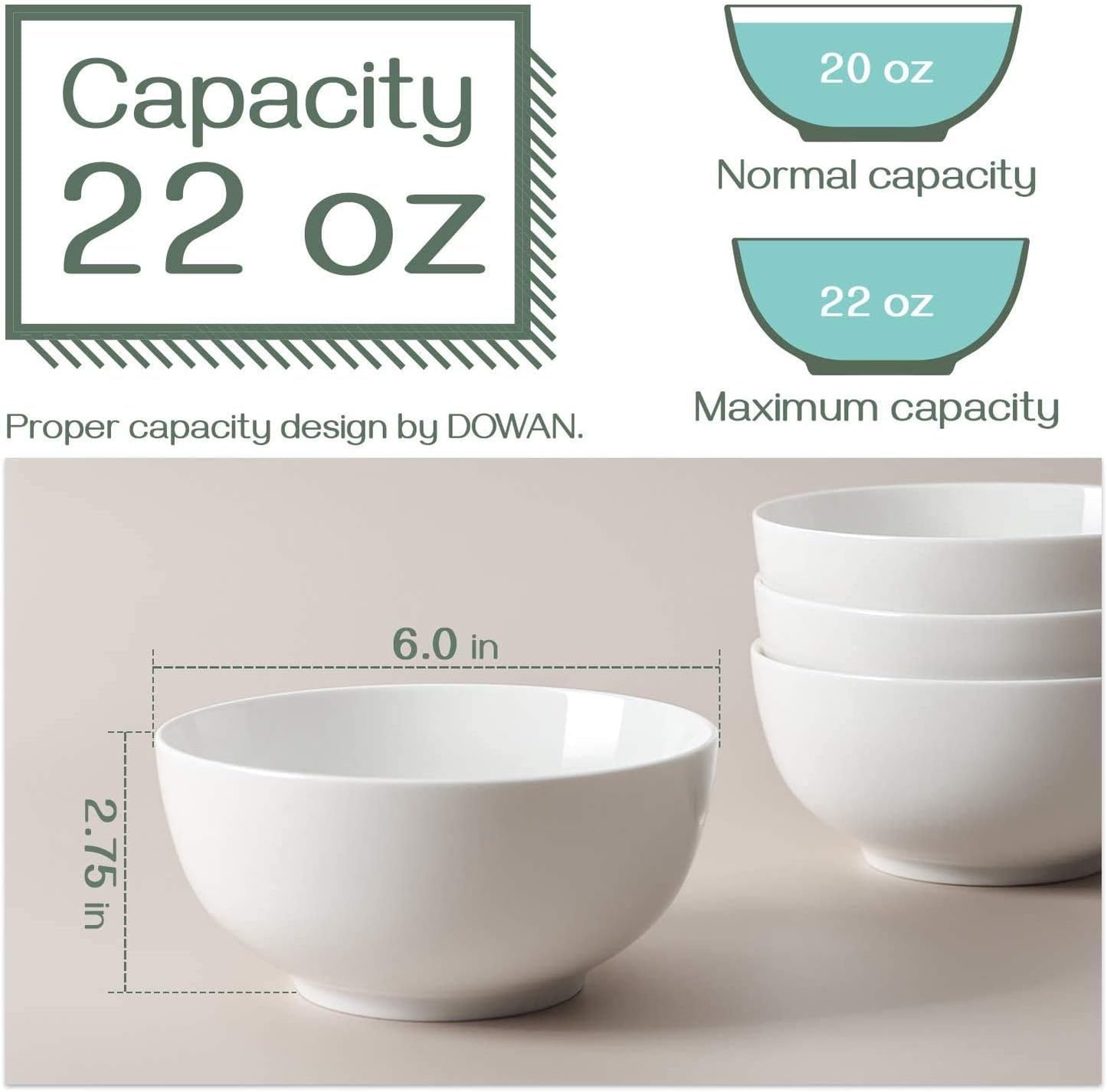 22-Ounce Porcelain Soup and Cereal Bowls Set - Dishwasher & Microwave Safe, Elegant White Serving Bowls for Salad, Rice, Pasta, and Oatmeal