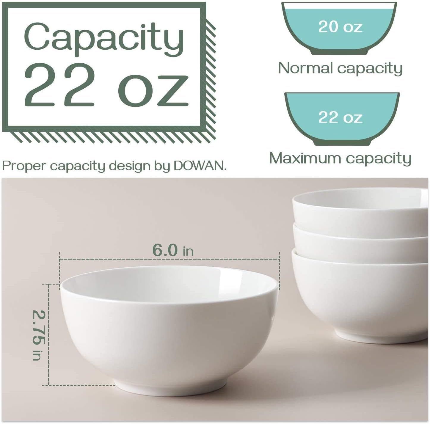 22-Ounce Porcelain Soup and Cereal Bowls Set - Dishwasher & Microwave Safe, Elegant White Serving Bowls for Salad, Rice, Pasta, and Oatmeal