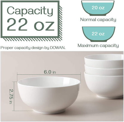22-Ounce Porcelain Soup and Cereal Bowls Set - Dishwasher & Microwave Safe, Elegant White Serving Bowls for Salad, Rice, Pasta, and Oatmeal