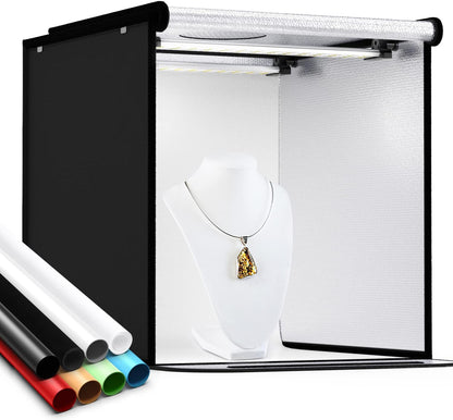Professional Photo Light Box Set - 8 Backdrops, 24 x 24 Inch Dimmable Photography Tent Kit with 126 LED Lights and Portable Bag (White, Black, Red, Blue, Green, Yellow)