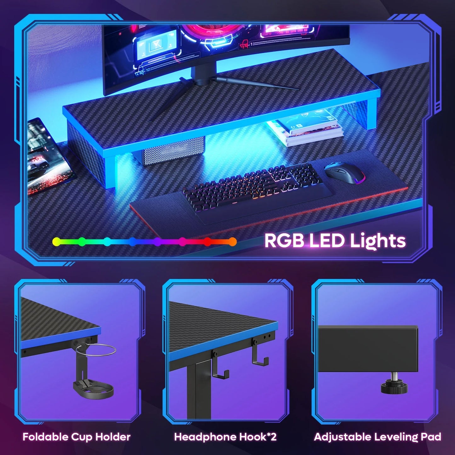 42-Inch Gaming Desk with LED Lights, Monitor Stand, Hook, and Cup Holder in Blue