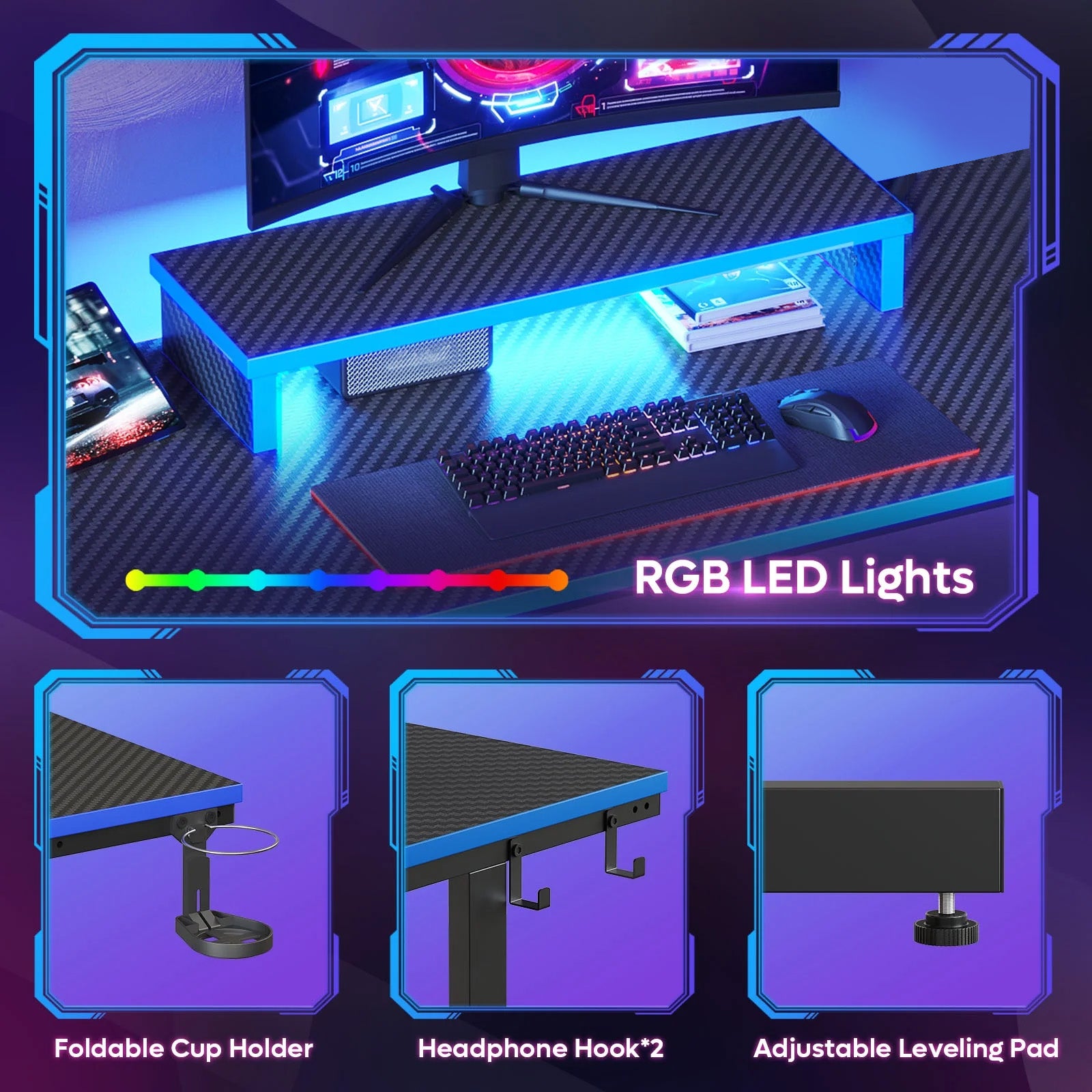 42-Inch Gaming Desk with LED Lights, Monitor Stand, Hook, and Cup Holder in Blue