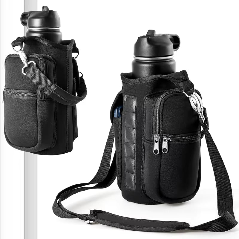 Magnetic Gym Water Bottle Holder with Phone Pocket and Shoulder Strap - Features 6 Built-In Magnets