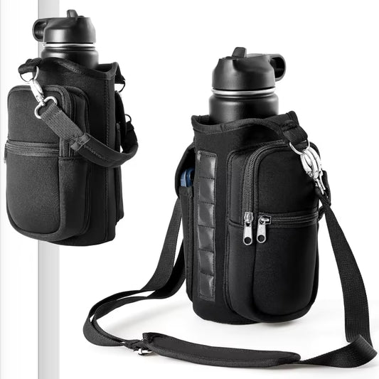 Magnetic Gym Water Bottle Holder with Phone Pocket and Shoulder Strap - Features 6 Built-In Magnets