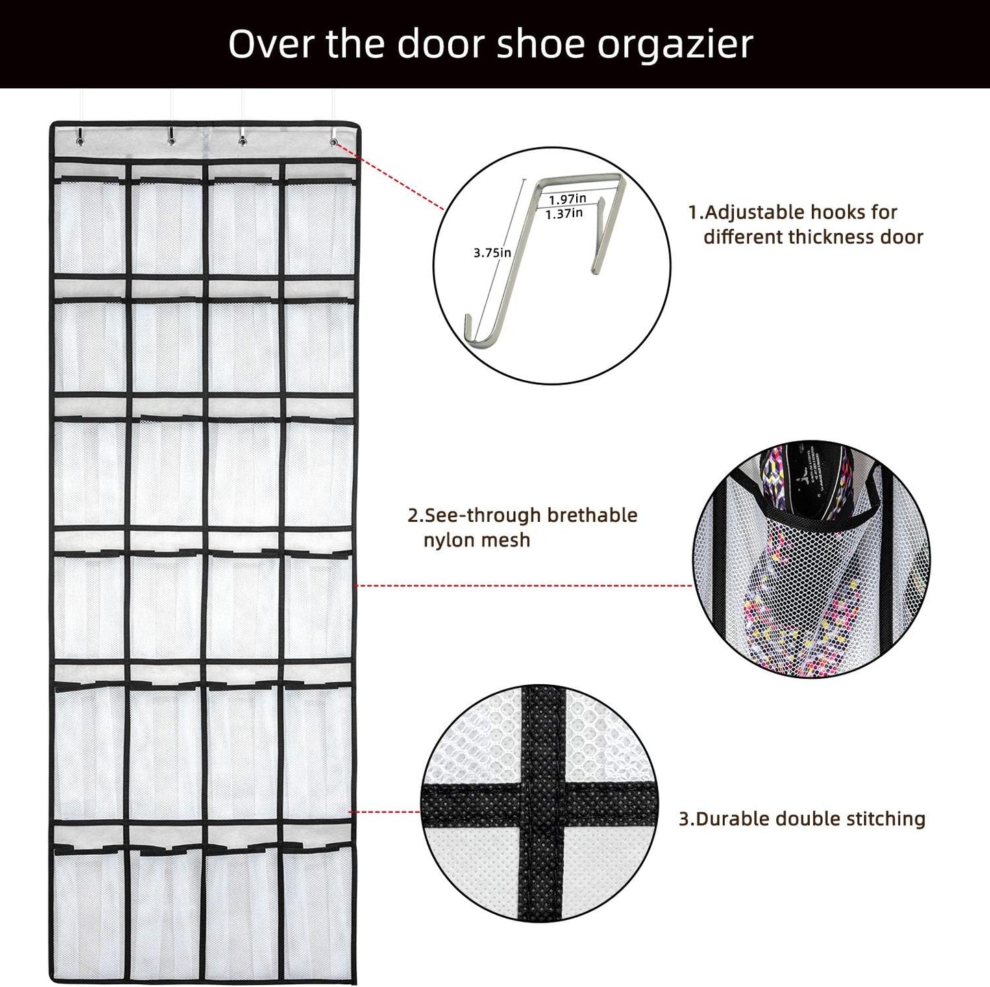Over-the-Door Shoe Organizer with 24 Large Mesh Pockets - Versatile Hanging Storage Solution for Men, Women, and Kids (White)