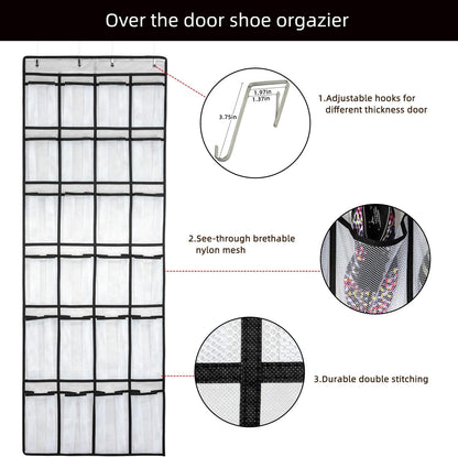 Over-the-Door Shoe Organizer with 24 Large Mesh Pockets - Versatile Hanging Storage Solution for Men, Women, and Kids (White)