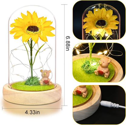 Elegant Artificial Sunflower in Glass Dome with LED Light - Perfect Gift for Women on Birthdays, Mother's Day, Valentine's Day, Anniversaries, and Christmas
