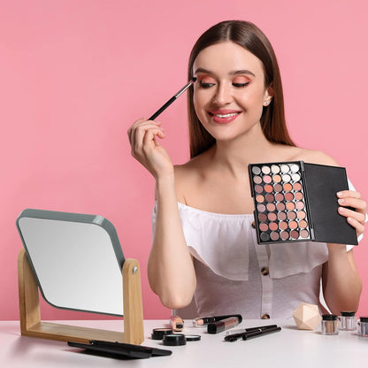 3X Double-Sided Magnifying Makeup Mirror with Bamboo Stand, Compact 360° Rotating Design, Ideal for Shower, Shaving, and Travel - Grey