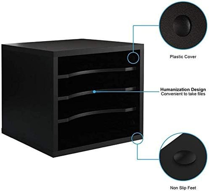 Wooden Desk Paper Organizer with Four-Tiered Storage, Adjustable Shelves for Document Sorting, Home Office File Holder in Black