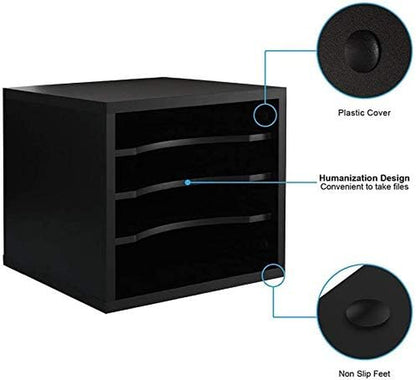 Wooden Desk Paper Organizer with Four-Tiered Storage, Adjustable Shelves for Document Sorting, Home Office File Holder in Black