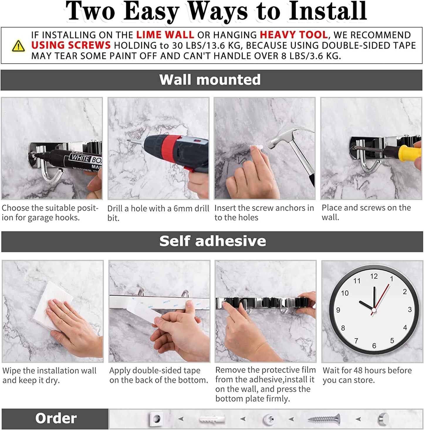 Heavy-Duty Stainless Steel Wall-Mounted Broom Holder with 5 Holders and 4 Hooks, Nail Installation and Self-Adhesive Storage Solutions