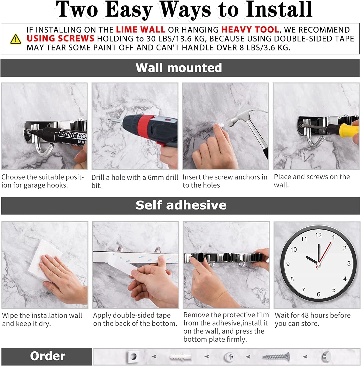 Heavy-Duty Stainless Steel Wall-Mounted Broom Holder with 5 Holders and 4 Hooks, Nail Installation and Self-Adhesive Storage Solutions
