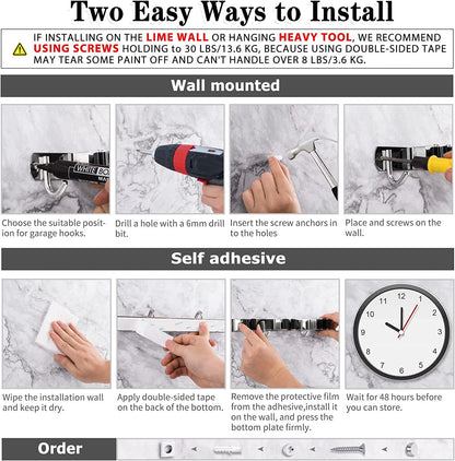 Heavy-Duty Stainless Steel Wall-Mounted Broom Holder with 5 Holders and 4 Hooks, Nail Installation and Self-Adhesive Storage Solutions