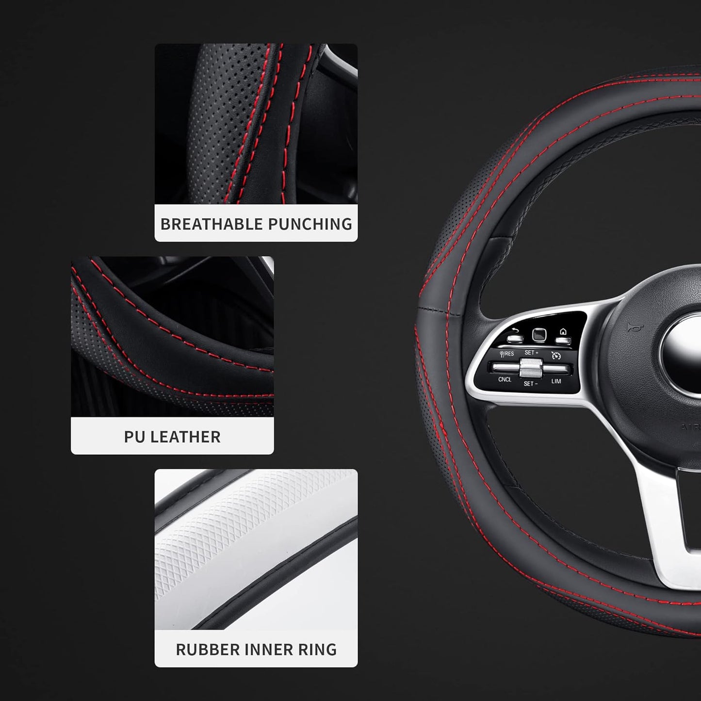 Microfiber Leather 15" Universal Fit Car Steering Wheel Cover, Elastic Breathable and Odorless, Black with Red Accent