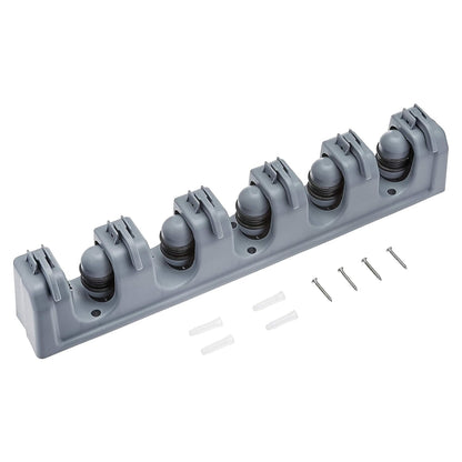 Rectangular Wall-Mounted Broom Holder and Garden Tool Organizer with 6 Hooks and 5 Slots, Dimensions: 43 x 8.5 x 6.2 cm, Gray