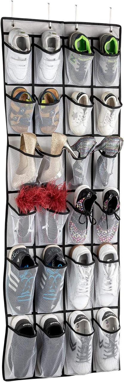 Over-the-Door Shoe Organizer with 24 Large Mesh Pockets - Versatile Hanging Storage Solution for Men, Women, and Kids (White)