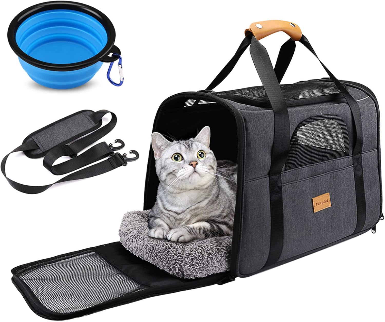 Portable Cat and Small Dog Carrier Bag, Foldable Soft-Sided Transport Carrier, Airline-Approved with Shoulder Strap, Removable Mat, and Pet Bowl