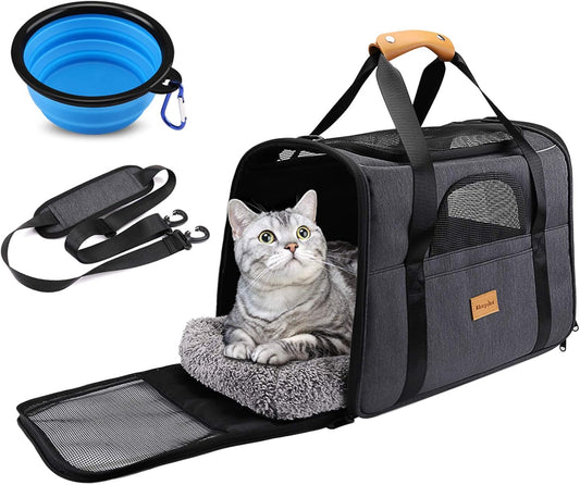 Portable Cat and Small Dog Carrier Bag, Foldable Soft-Sided Transport Carrier, Airline-Approved with Shoulder Strap, Removable Mat, and Pet Bowl