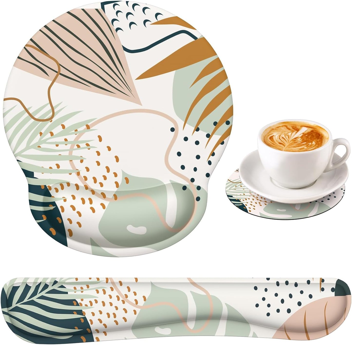 Ergonomic Mouse Pad and Wrist Support Set with Non-Slip Base for Enhanced Comfort and Pain Relief in Home Office, Featuring Tropical Plant Design and Coasters