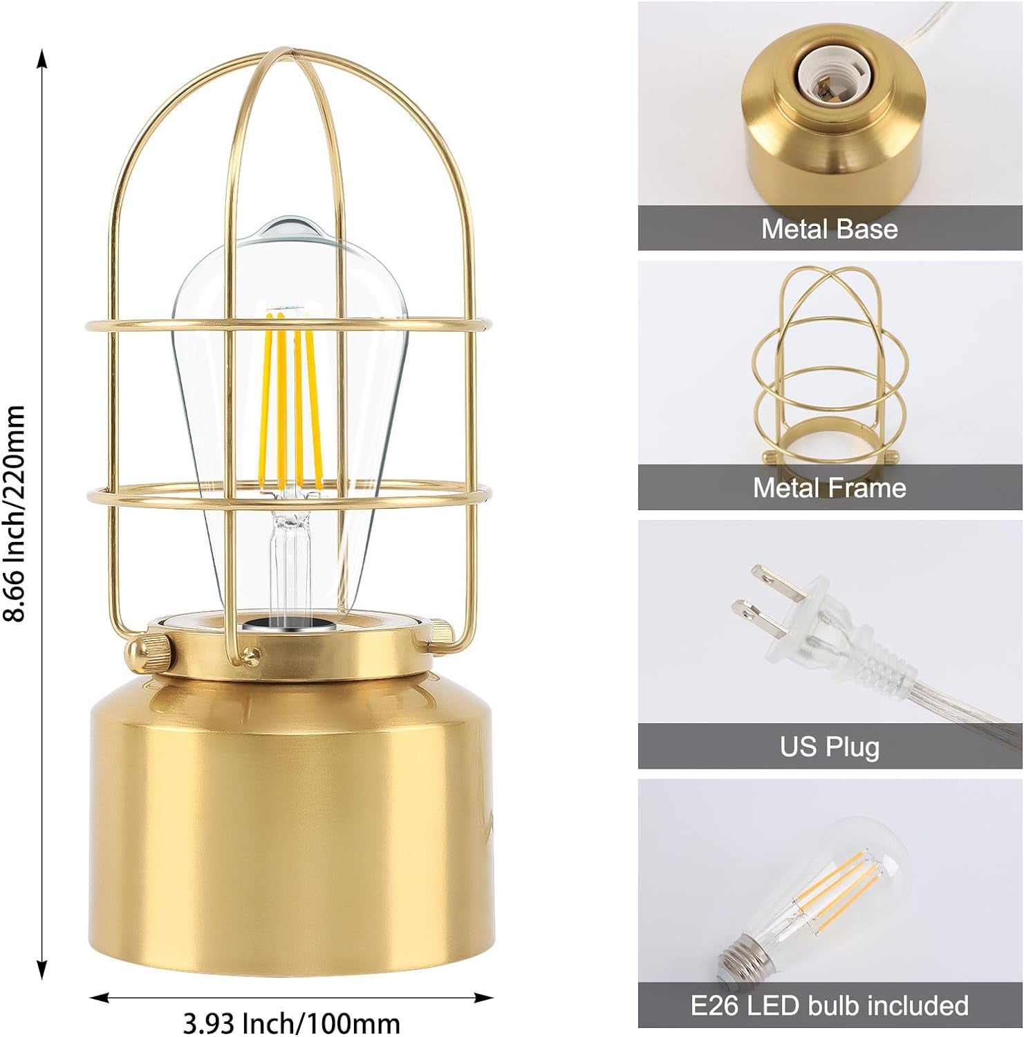 Dimmable Industrial Gold Table Lamp for Compact Spaces - Steampunk Antique Nightstand and Desk Light for Bedroom and Living Room (Bulb Included)