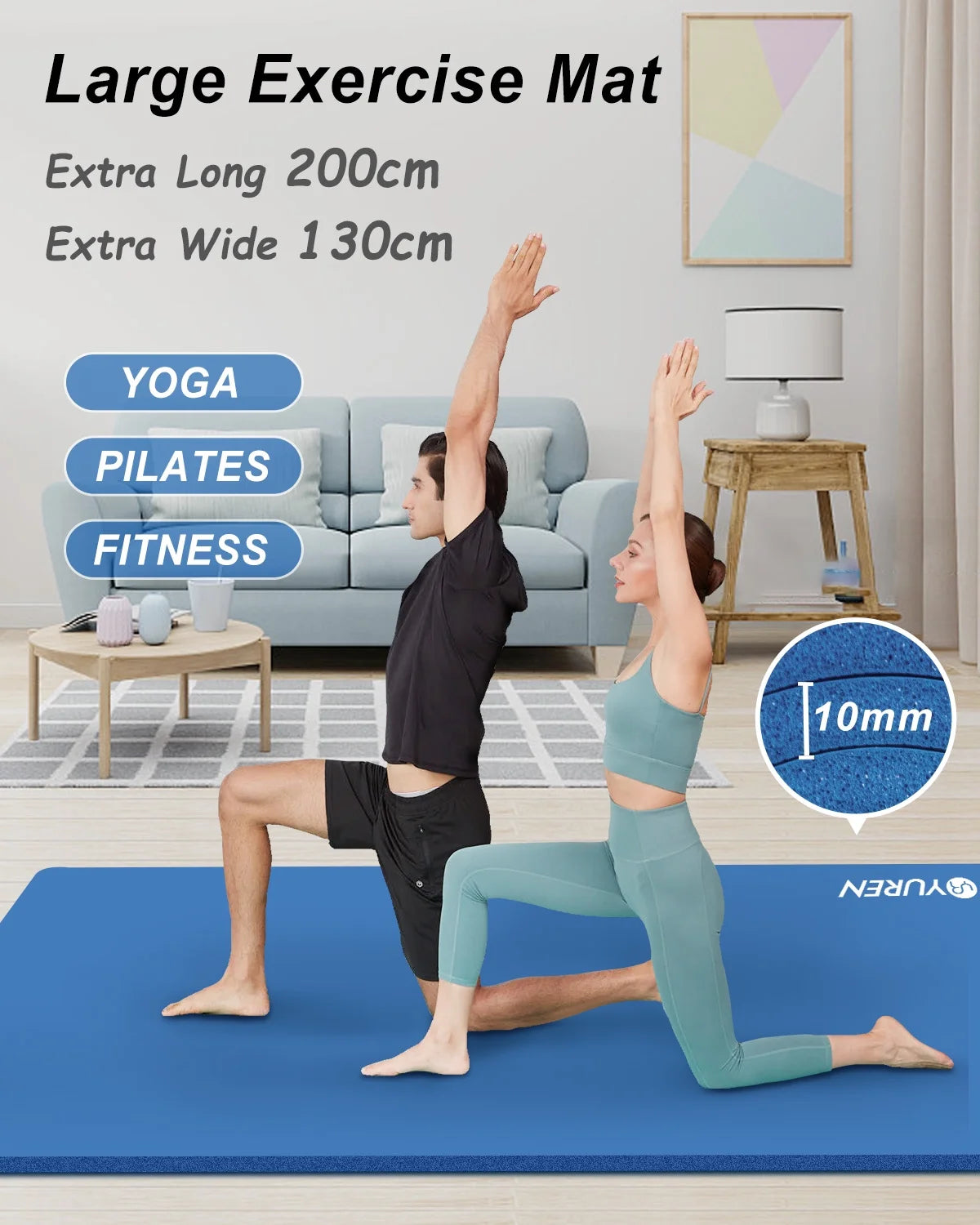 Extra Thick 10mm NBR Foam Exercise Mat for Home Gym and Fitness Workouts, Blue, 78 x 51 Inches