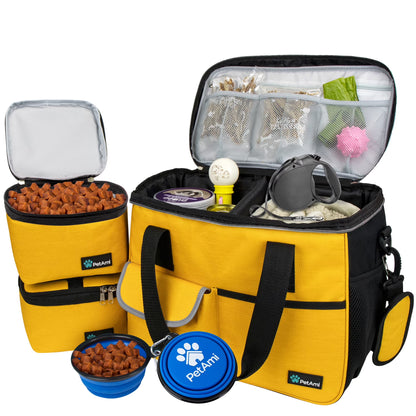 Medium Dog Travel Bag with Food Storage Containers and Bowls, Yellow, 22L Capacity