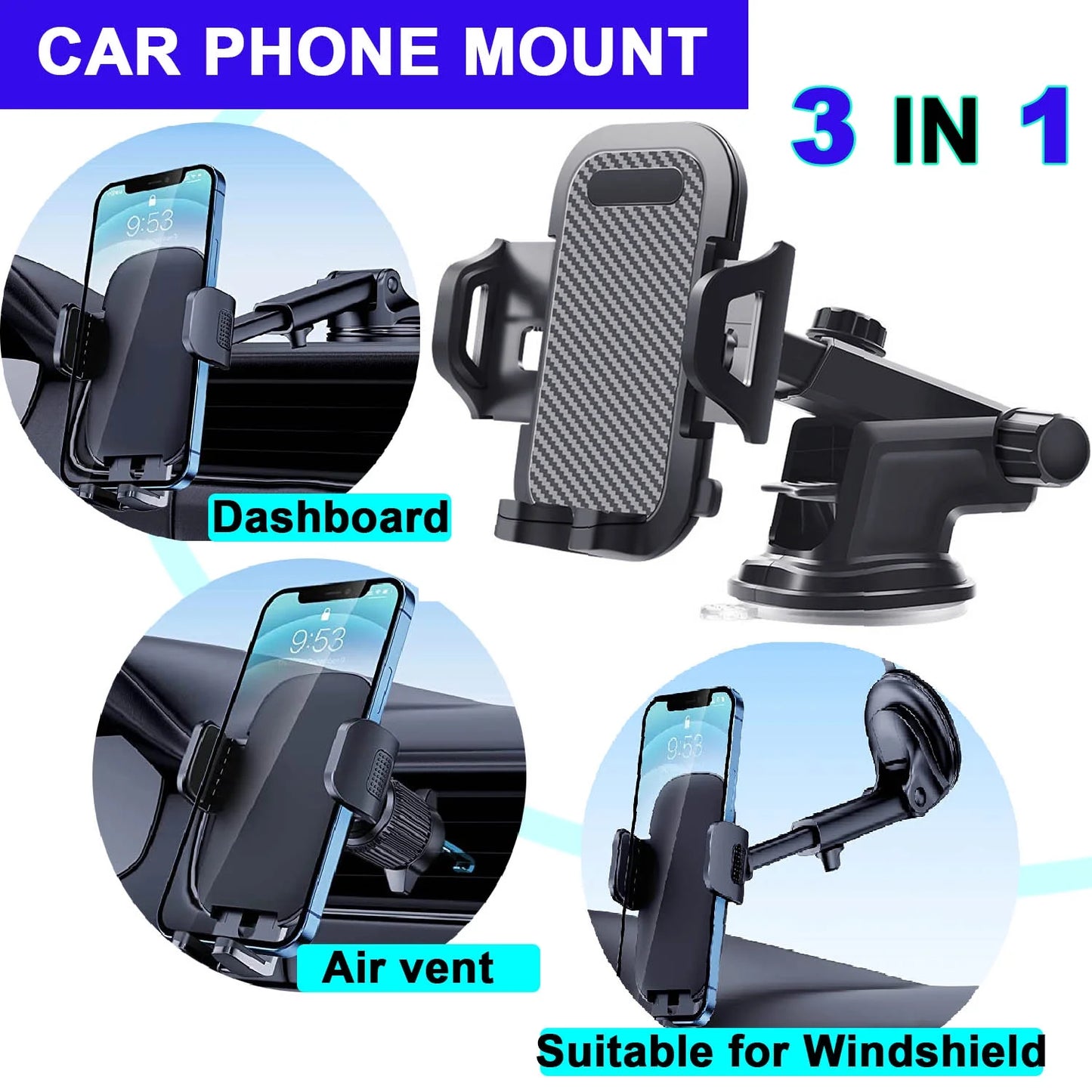 Universal Car Phone Mount with Air Vent Clip and Adjustable Long Arm for All Smartphones