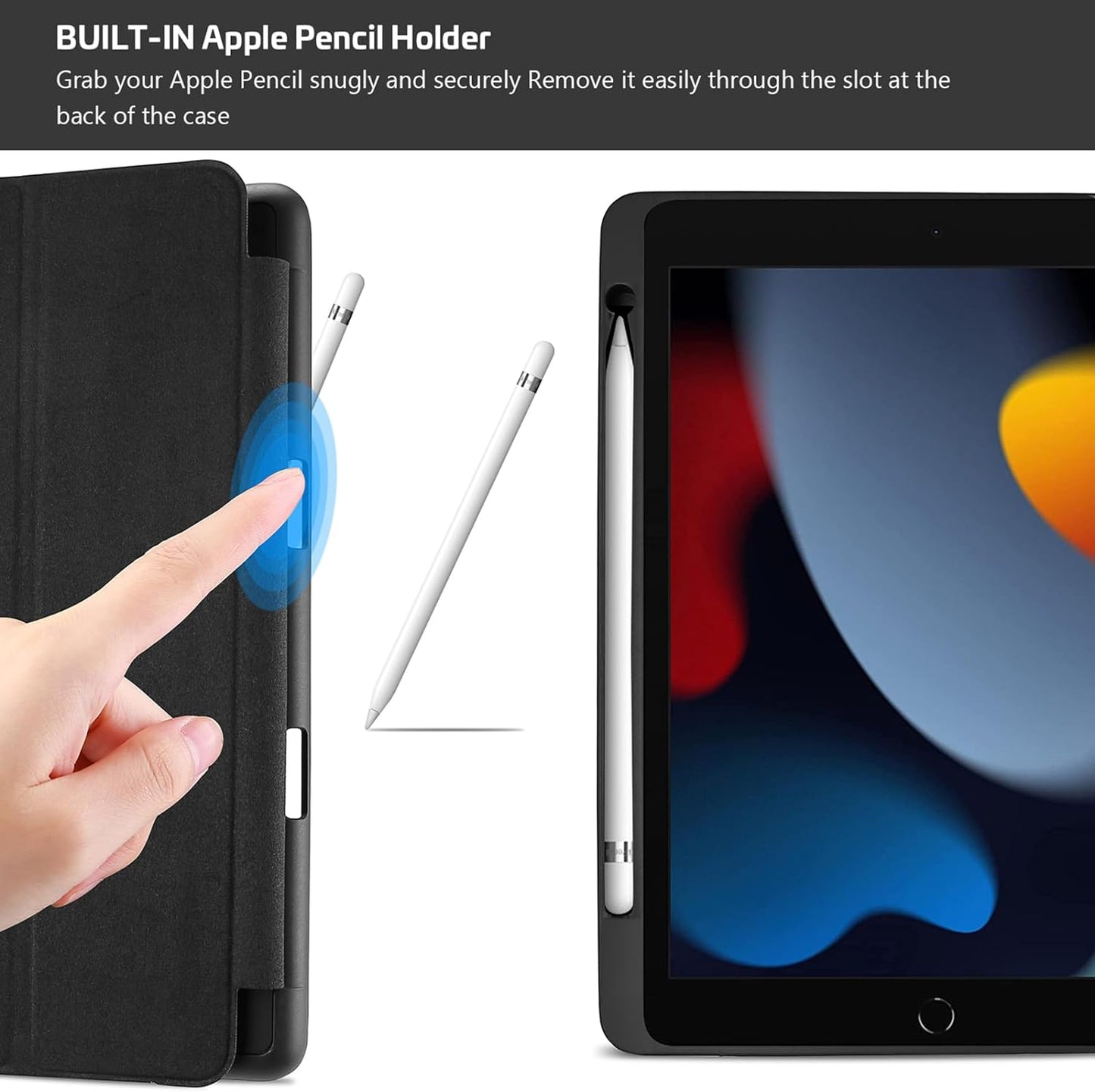 Smart Protective Case for iPad 10.2 (9th Gen 2021 / 8th Gen 2020 / 7th Gen 2019) with Pencil Holder, Soft TPU Back Cover, and Slim Stand - Black