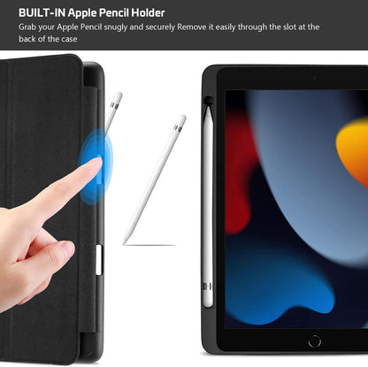 Smart Protective Case for iPad 10.2 (9th Gen 2021 / 8th Gen 2020 / 7th Gen 2019) with Pencil Holder, Soft TPU Back Cover, and Slim Stand - Black