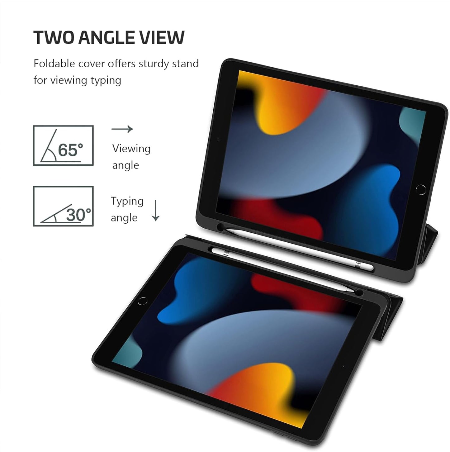 Smart Protective Case for iPad 10.2 (9th Gen 2021 / 8th Gen 2020 / 7th Gen 2019) with Pencil Holder, Soft TPU Back Cover, and Slim Stand - Black