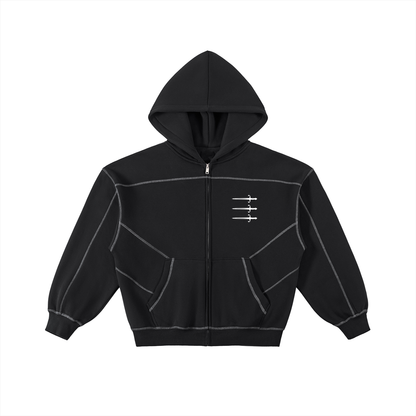 Contrast-Stitched Boxy Fleece Zip Hoodie
