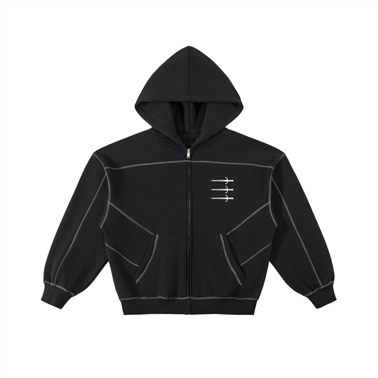 Contrast-Stitched Boxy Fleece Zip Hoodie